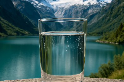 Water glass in front of mountains